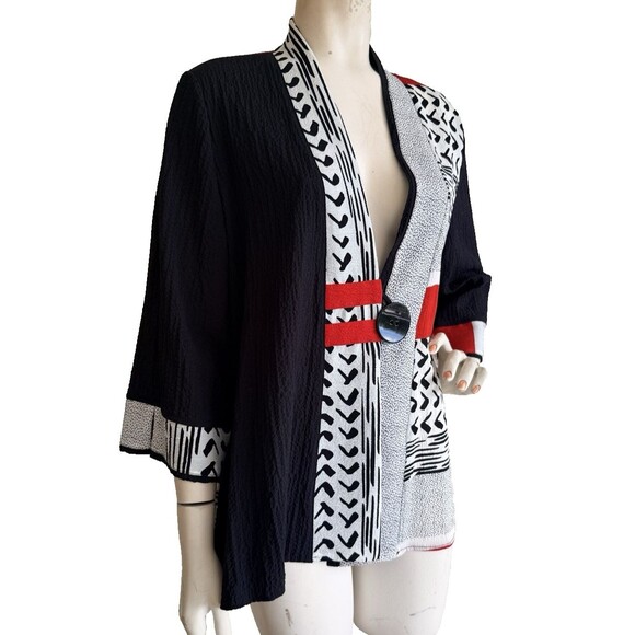 Moonlight Jackets & Blazers - MOONLIGHT Jacket Top Black Geometric Print Asian Art to Wear 3/4 Sleeve Size M